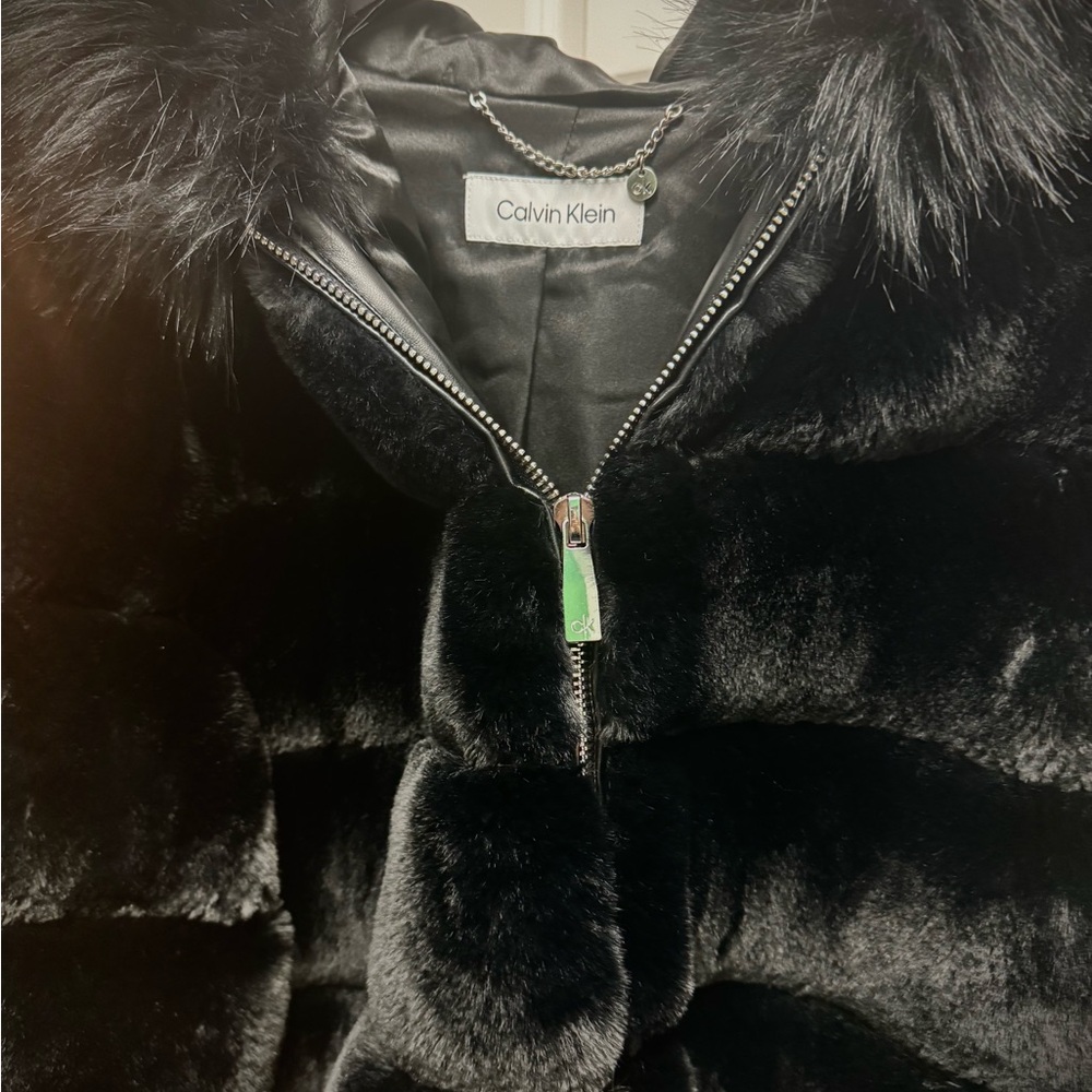 Calvin Klein Black Hooded Faux Fur Jacket - Picture 10 of 10